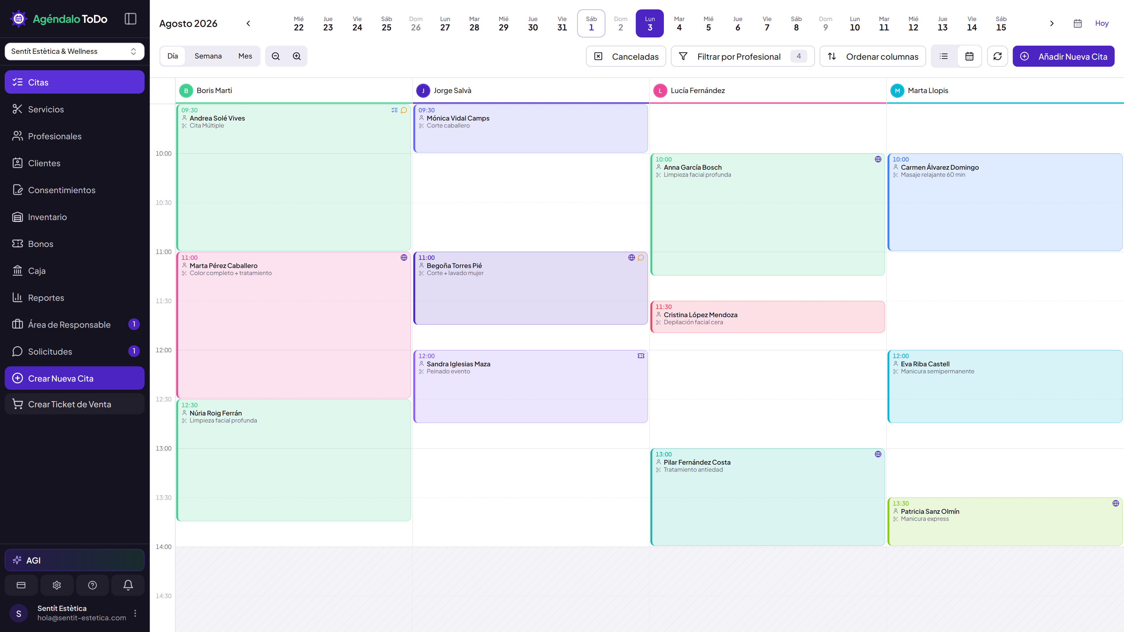 Agenda del administrador: varios profesionales con citas a color