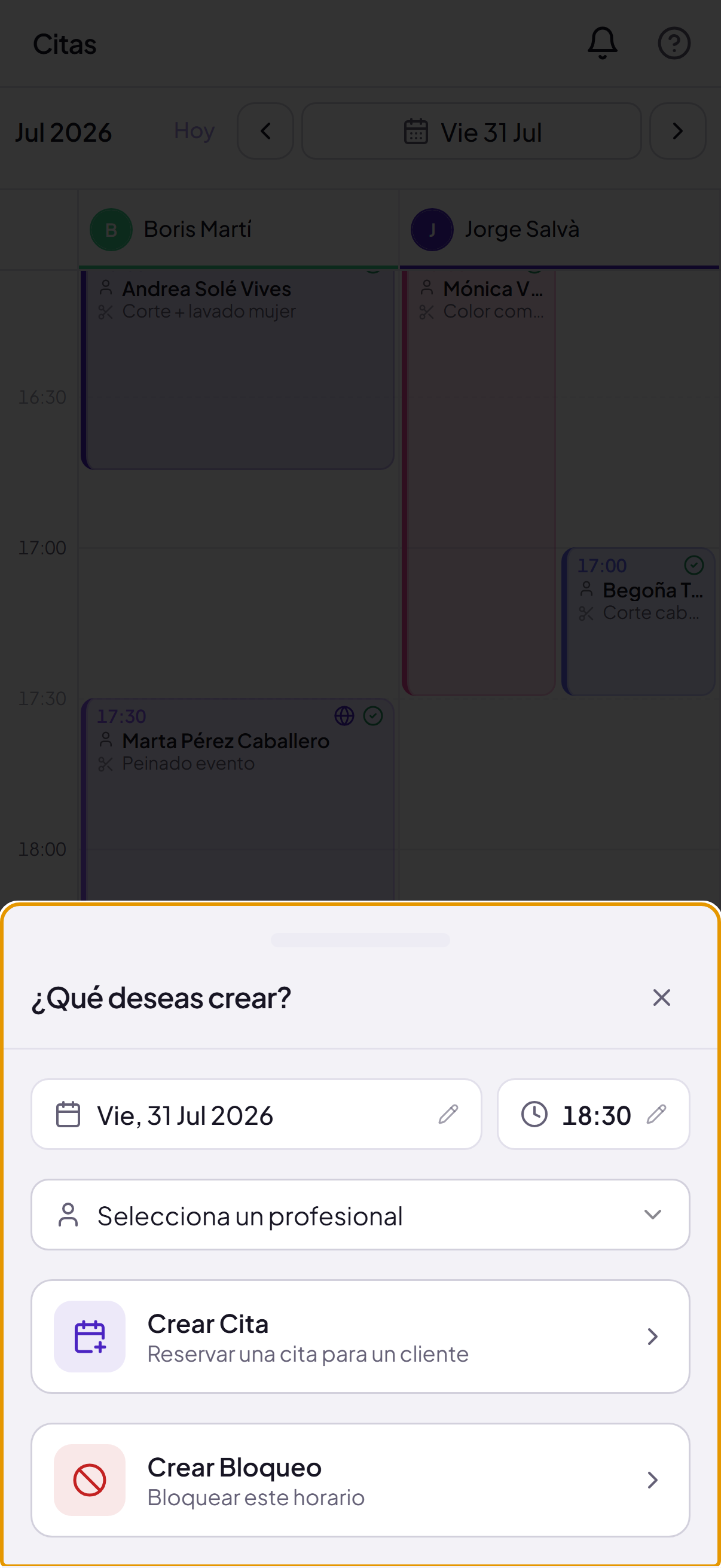 Crear cita en móvil