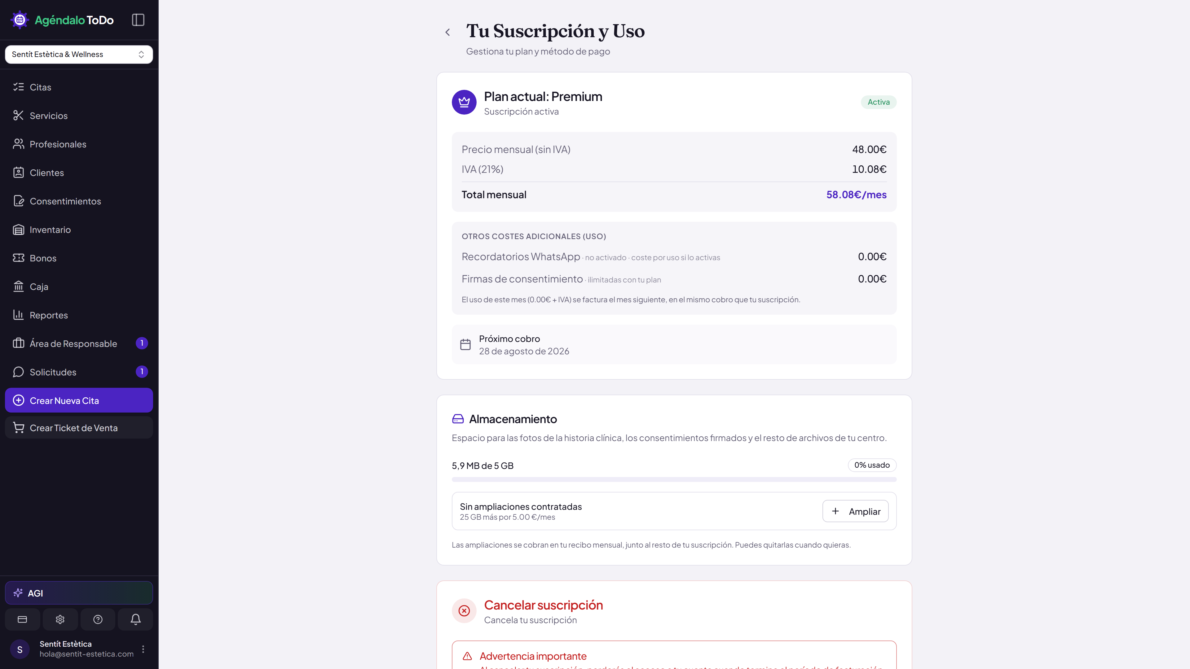 Pantalla Tu Suscripción y Uso con la suscripción activa: transparencia de precios real