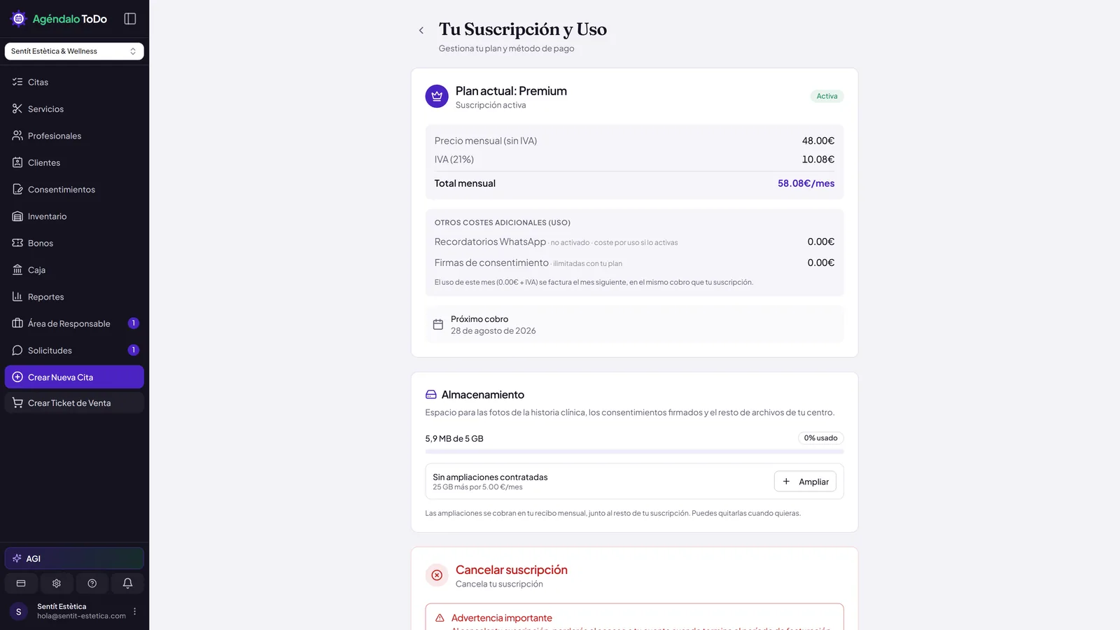 Pantalla Tu Suscripción y Uso con la suscripción activa: transparencia de precios real