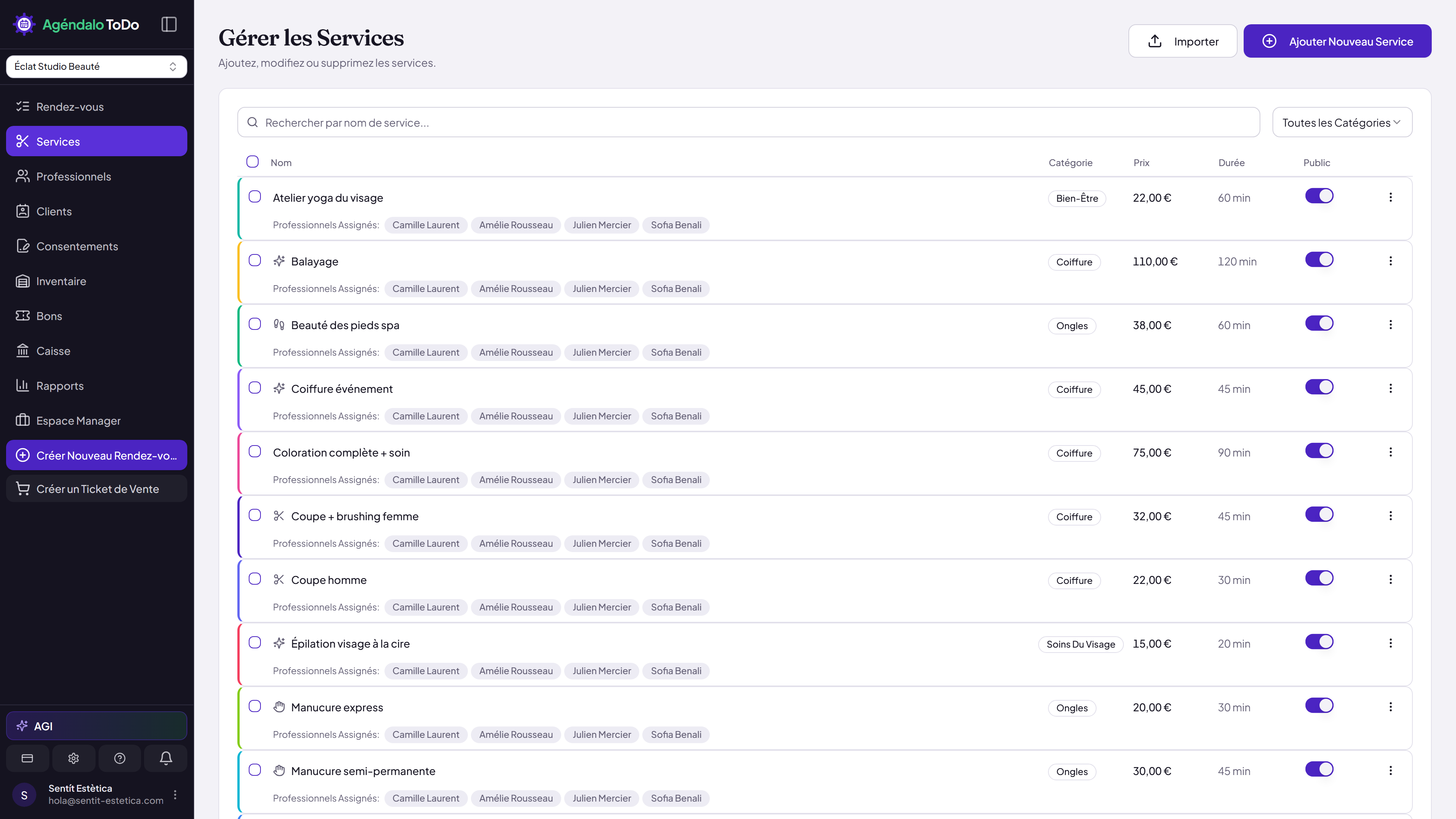 Gestión de servicios: 14 servicios listados con duración y precio personalizable