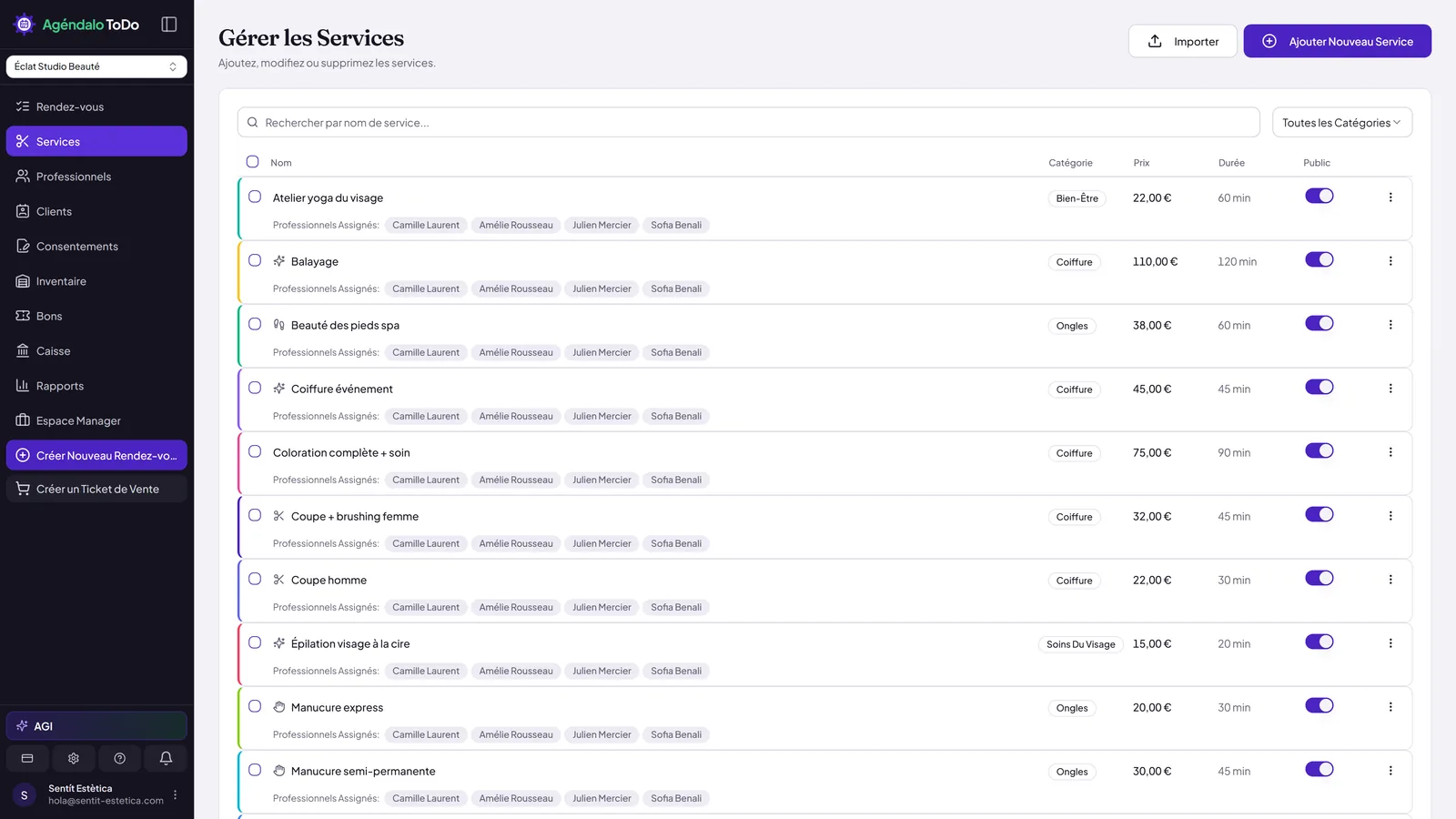 Gestión de servicios: 14 servicios listados con duración y precio personalizable